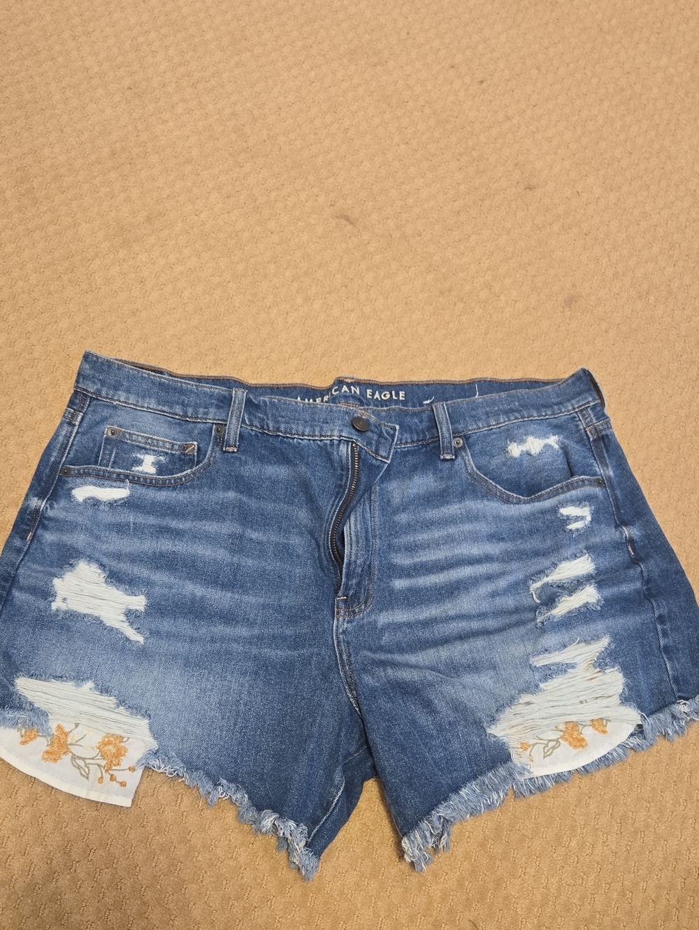 American Eagle Outfitters Blue Distressed Denim Shorts with Floral Patch